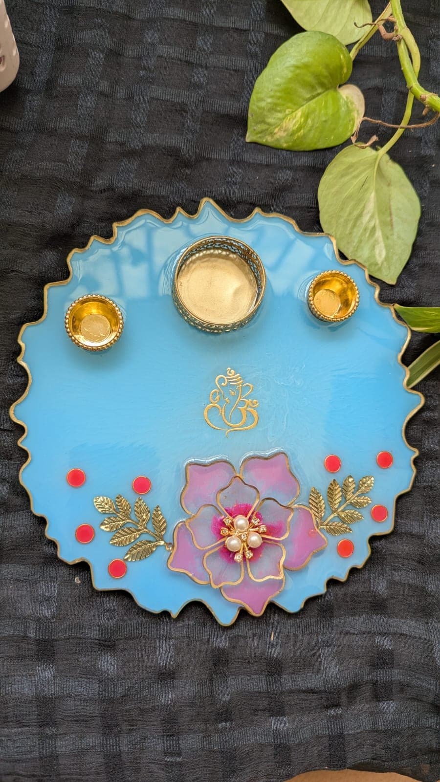 Blue Floral Resin Pooja Thali - 8 Inch Handmade Set with 2 Diyas & Chowki — detail view 6