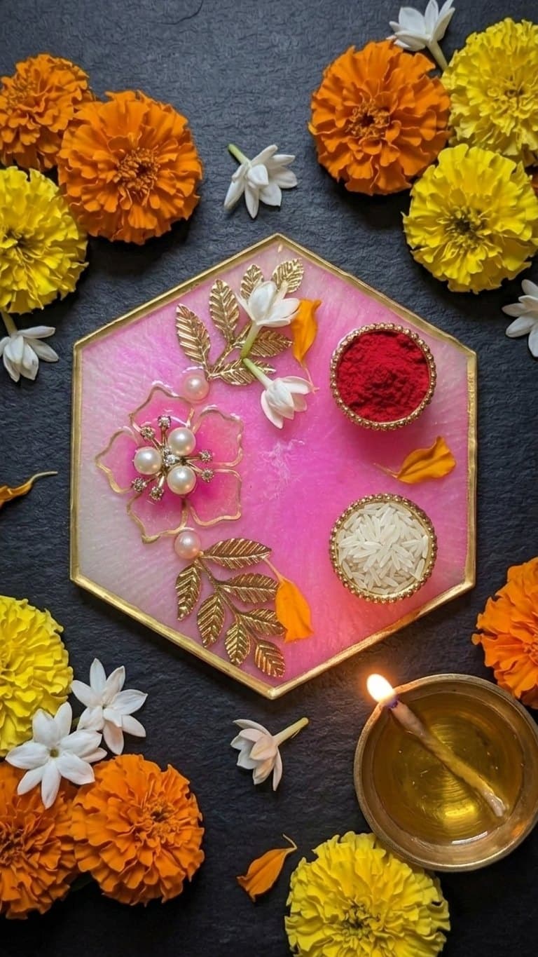 Pink Hexagon Resin Pooja Thali with Veere Rakhi - Handmade Raksha Bandhan Gift Set — detail view 6
