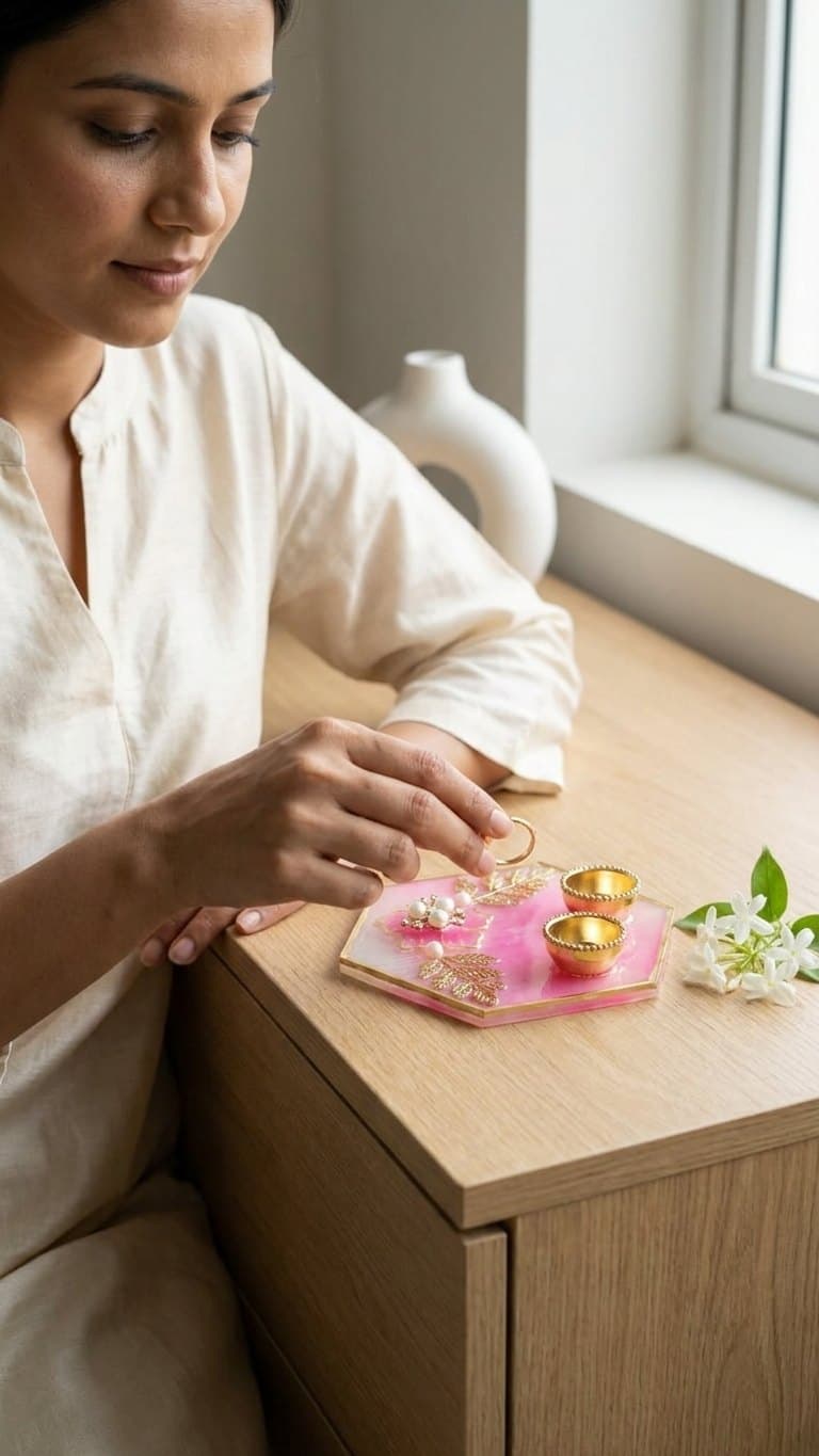 Pink Hexagon Resin Pooja Thali with Veere Rakhi - Handmade Raksha Bandhan Gift Set — lit vs unlit view