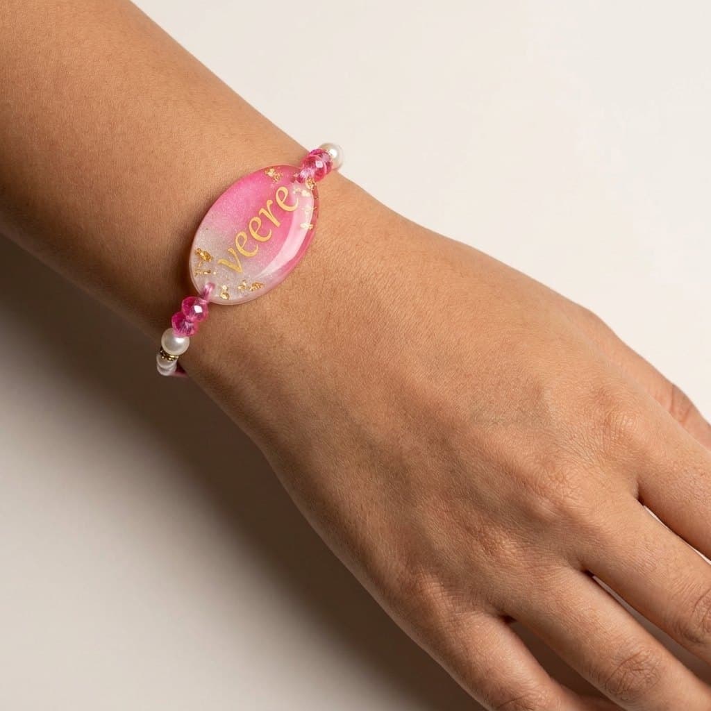 Pink Hexagon Resin Pooja Thali with Veere Rakhi - Handmade Raksha Bandhan Gift Set — detail view 4