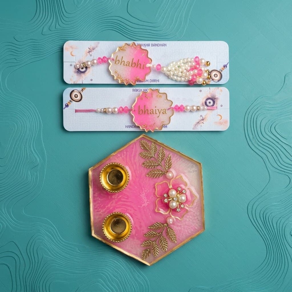 Pink Hexagon Resin Pooja Thali with Bhaiya Bhabhi Rakhi Set - Handmade Raksha Bandhan Gift — size and scale reference