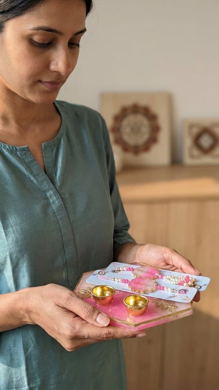 Pink Hexagon Resin Pooja Thali with Bhaiya Bhabhi Rakhi Set - Handmade Raksha Bandhan Gift — Handcrafted by Dastaan