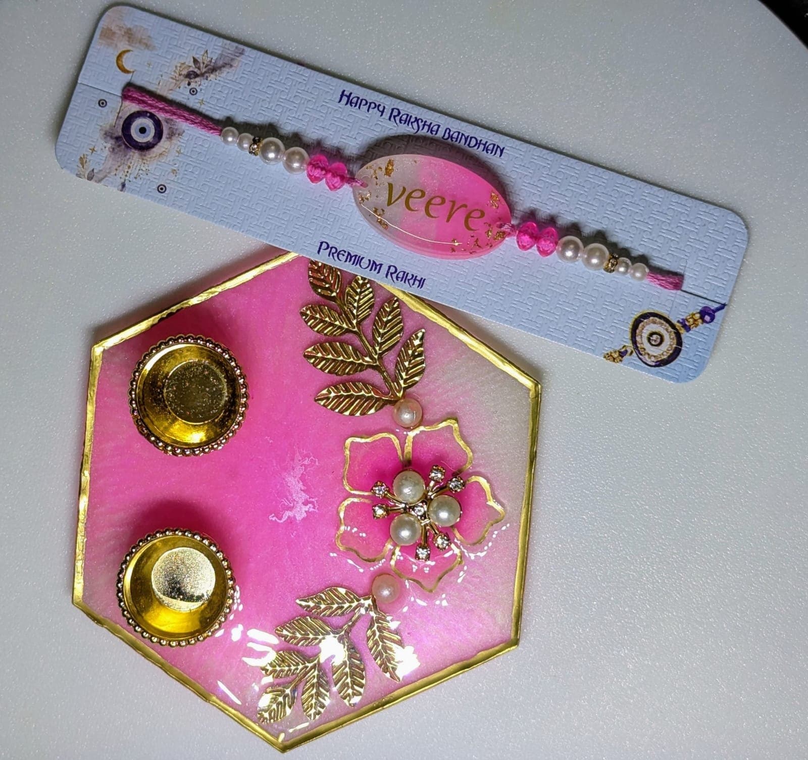 Pink Hexagon Resin Pooja Thali with Veere Rakhi - Handmade Raksha Bandhan Gift Set — main product photo