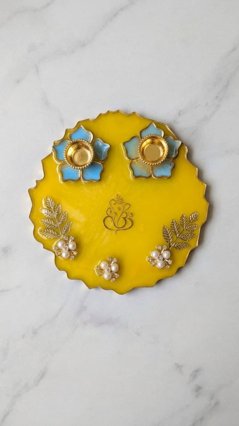 Yellow Floral Resin Pooja Thali - 6 Inch Handmade Set with 2 Lotus Diyas — size and scale reference