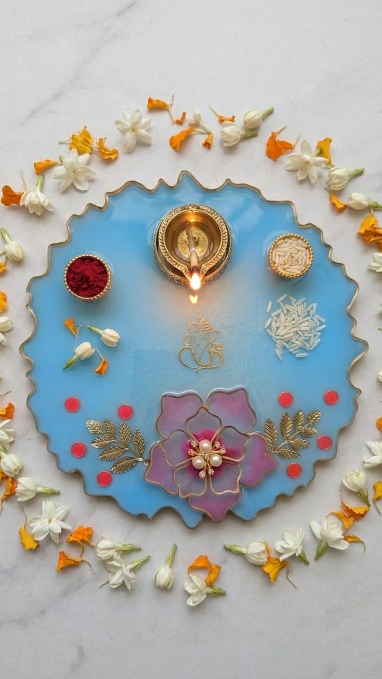 Blue Floral Resin Pooja Thali - 8 Inch Handmade Set with 2 Diyas & Chowki — lit vs unlit view