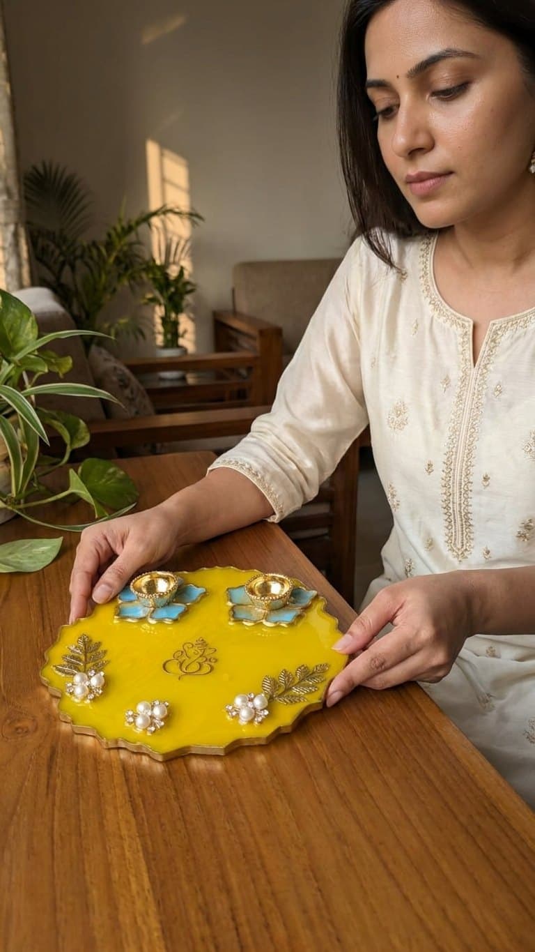 Yellow Floral Resin Pooja Thali - 6 Inch Handmade Set with 2 Lotus Diyas — detail view 4