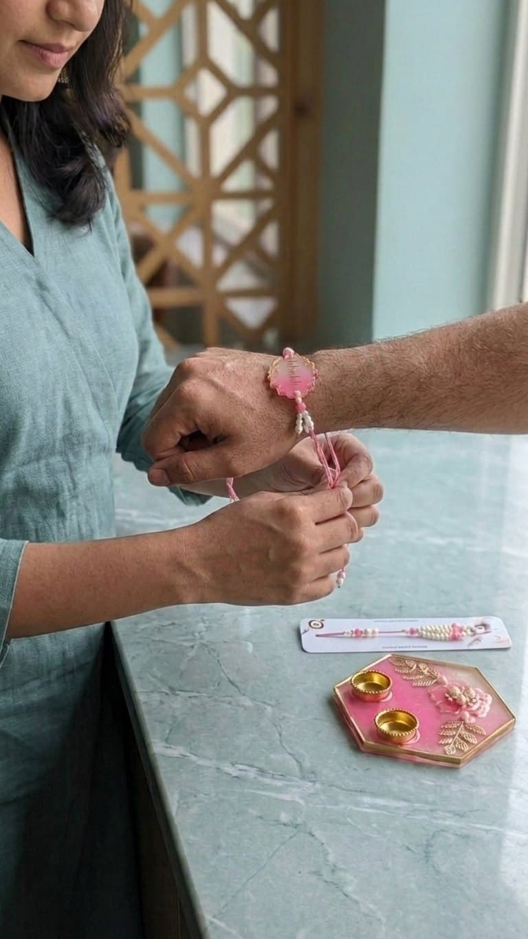 Pink Hexagon Resin Pooja Thali with Bhaiya Bhabhi Rakhi Set - Handmade Raksha Bandhan Gift — detail view 6