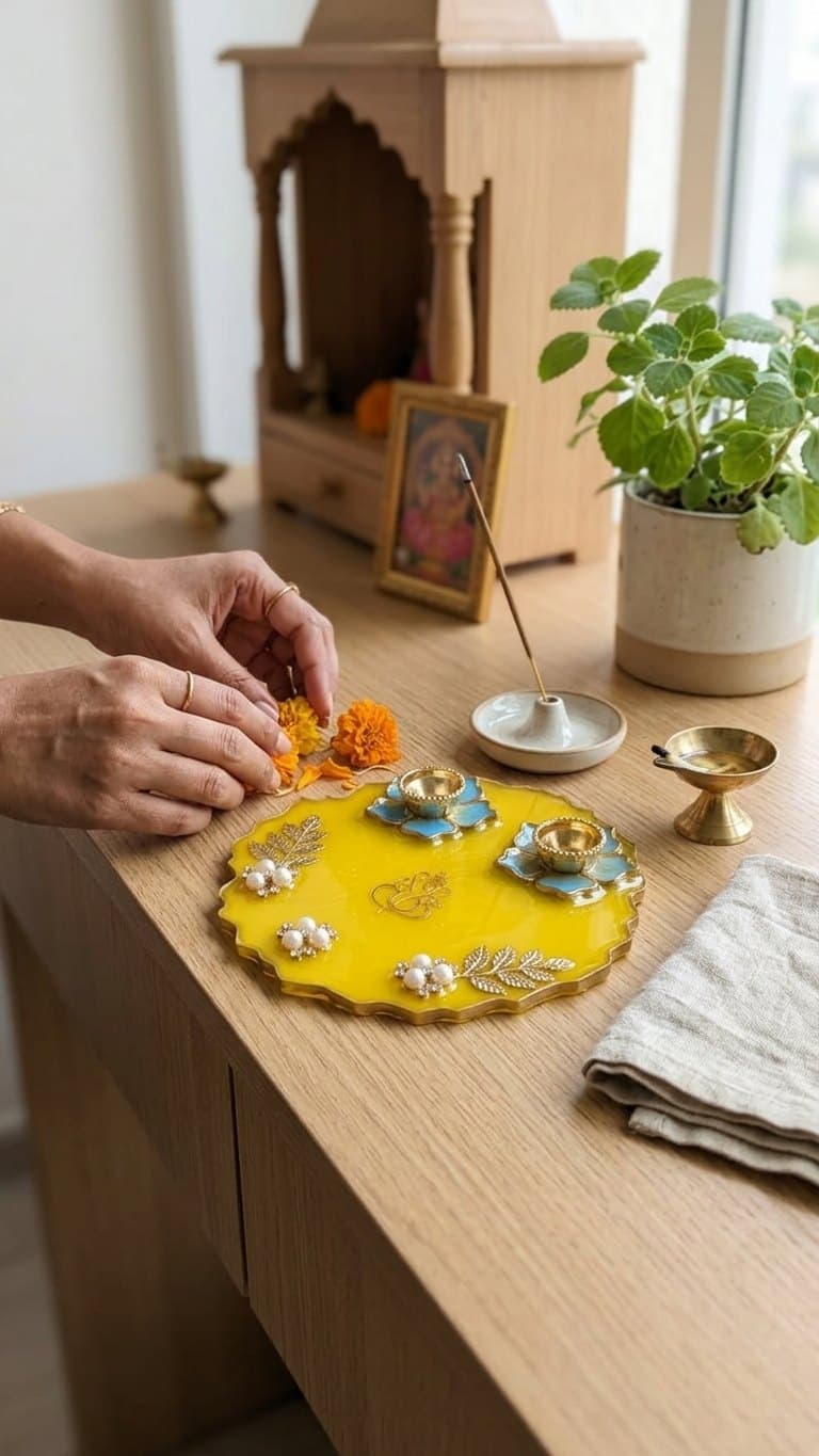 Yellow Floral Resin Pooja Thali - 6 Inch Handmade Set with 2 Lotus Diyas — main product photo