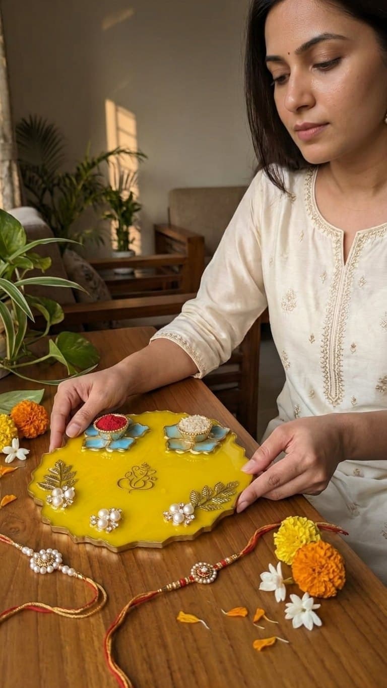 Yellow Floral Resin Pooja Thali - 6 Inch Handmade Set with 2 Lotus Diyas — lit vs unlit view