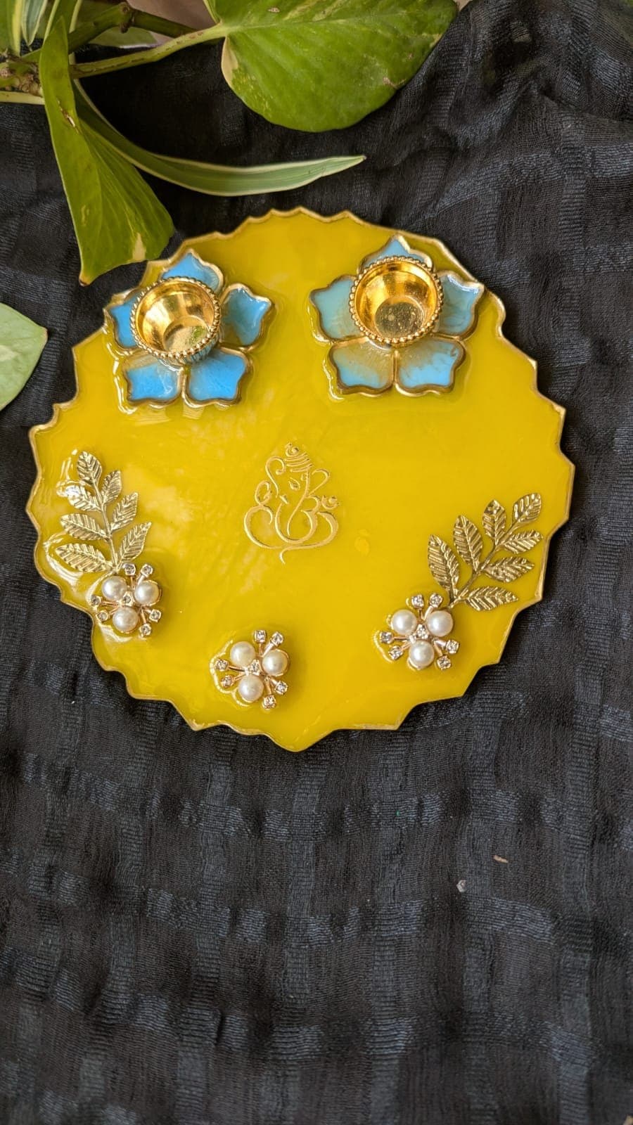 Yellow Floral Resin Pooja Thali - 6 Inch Handmade Set with 2 Lotus Diyas — detail view 5