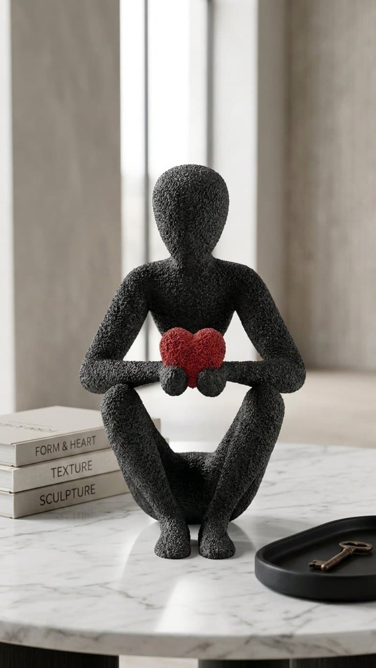 Love's Embrace Sculpture – Abstract Figure Holding a Heart — detail view 5