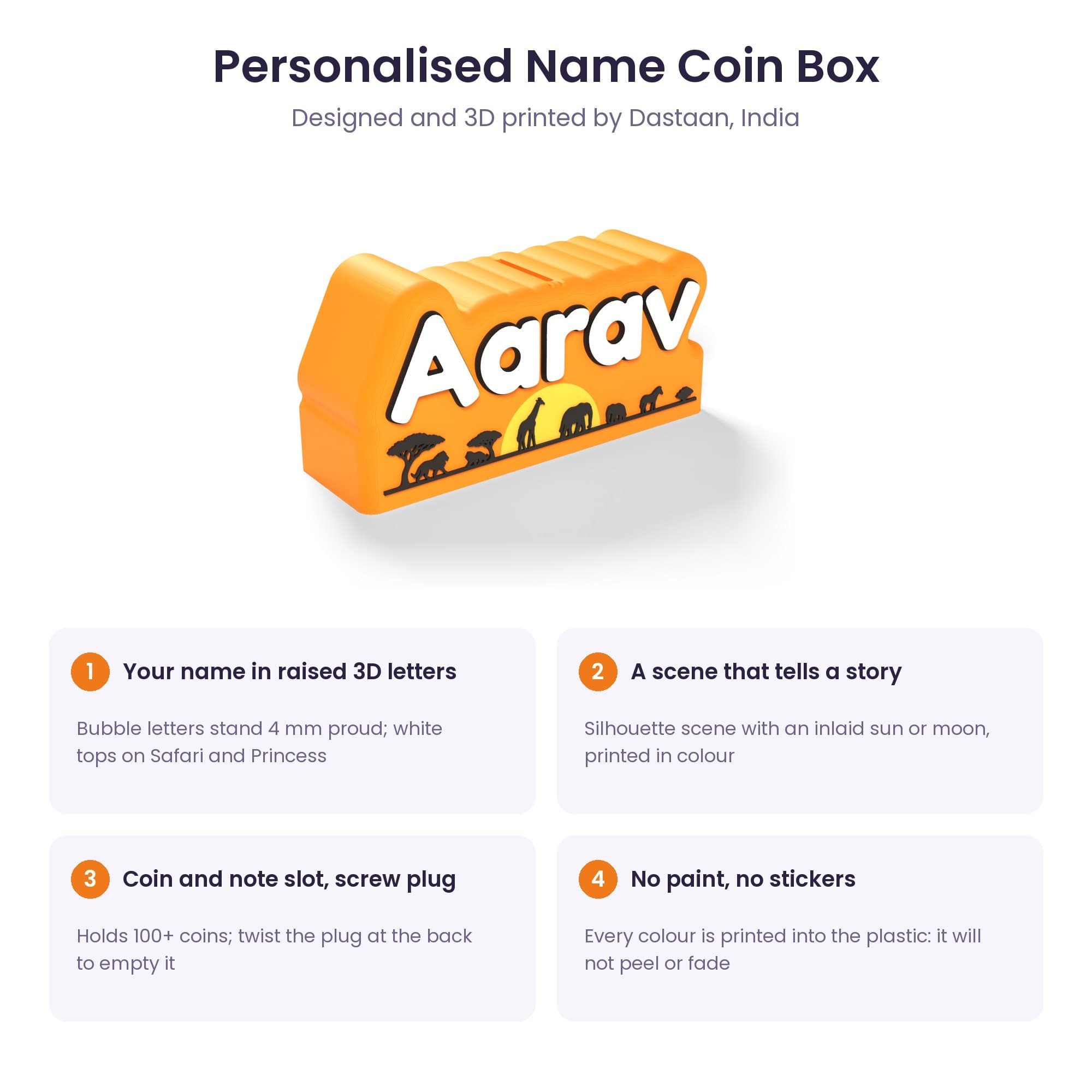 Personalised Scene Name Coin Box - 3D Printed Kids Piggy Bank with Safari, Space, Princess or Cricket Scene — product photo 5