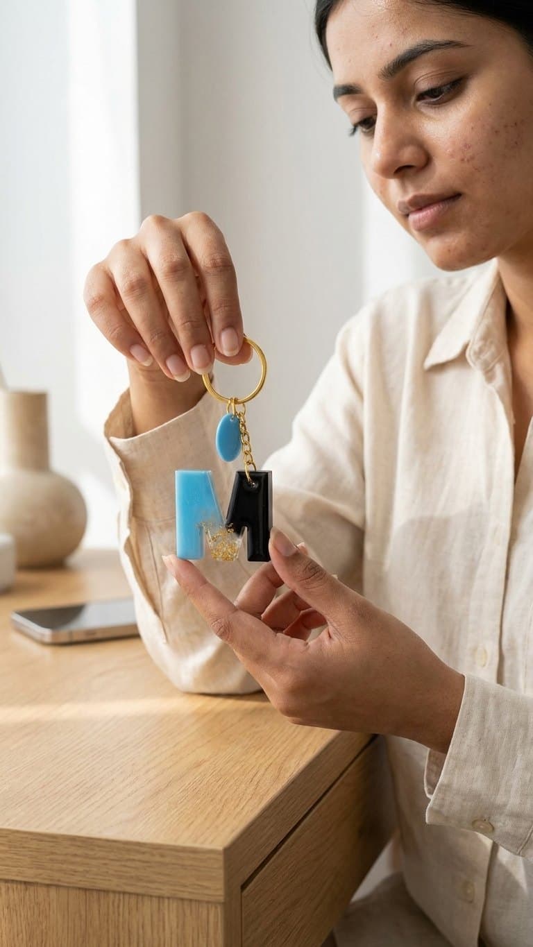 Resin Gold Flake Keychain — lit vs unlit view