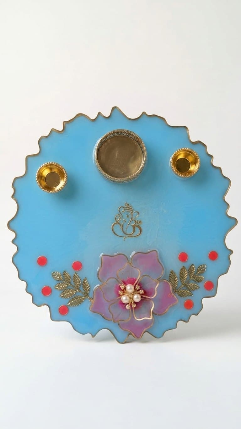 Blue Floral Resin Pooja Thali - 8 Inch Handmade Set with 2 Diyas & Chowki — size and scale reference