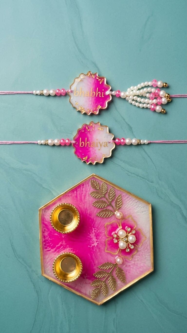 Pink Hexagon Resin Pooja Thali with Bhaiya Bhabhi Rakhi Set - Handmade Raksha Bandhan Gift — detail view 5
