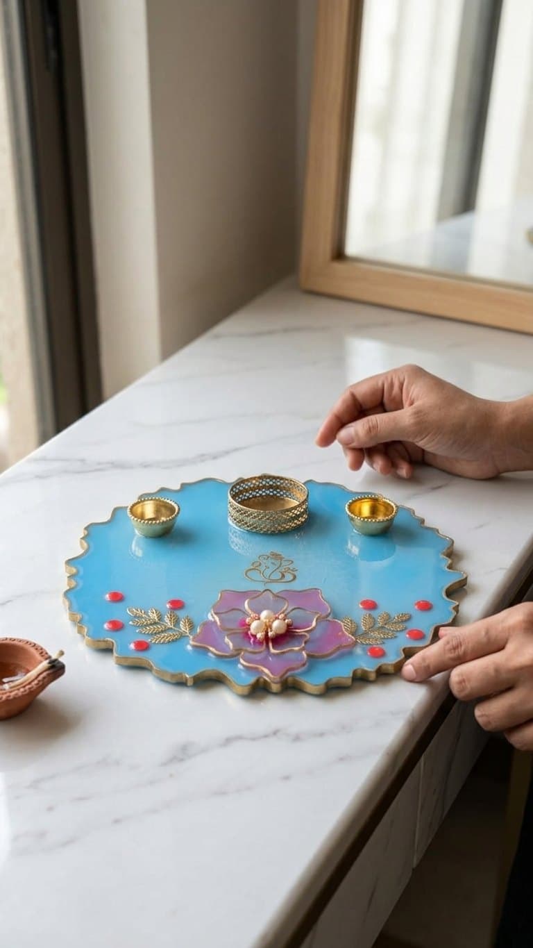 Blue Floral Resin Pooja Thali - 8 Inch Handmade Set with 2 Diyas & Chowki — detail view 4