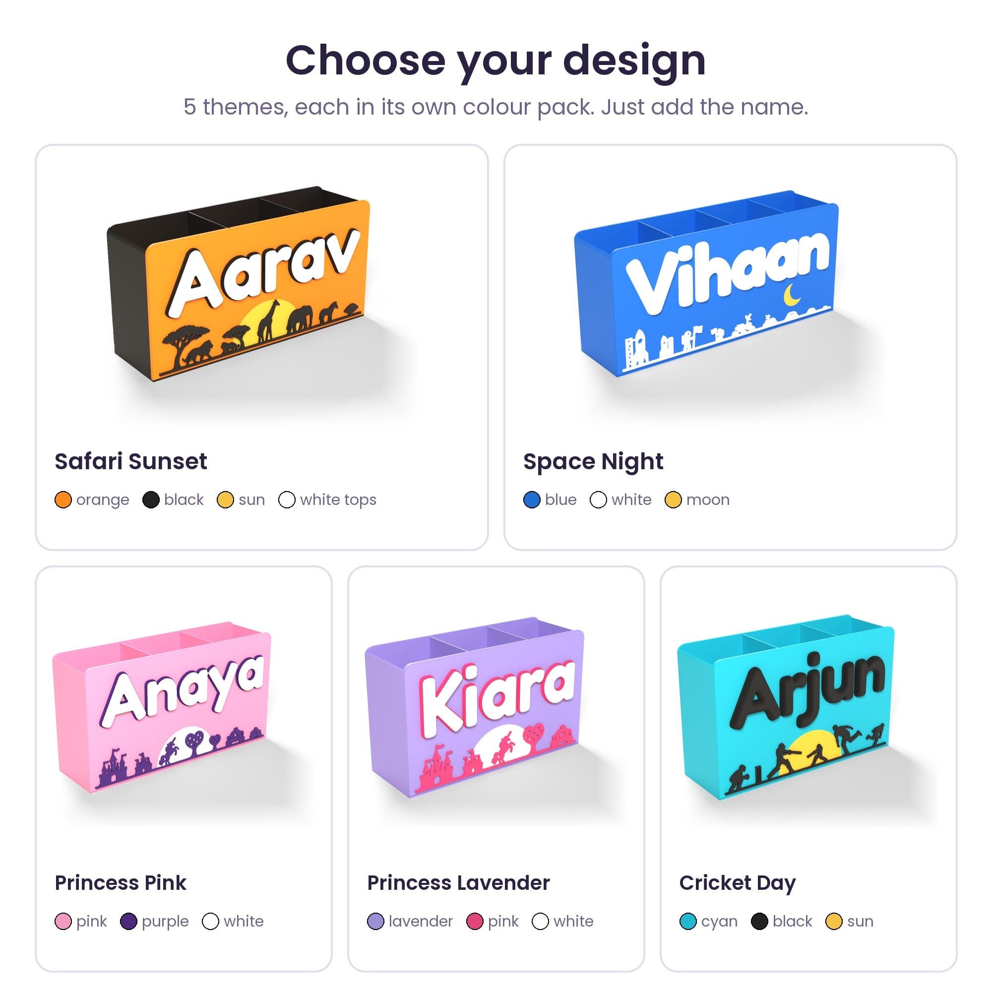 Personalised Scene Name Pen Stand - 3D Printed Kids Desk Organiser with Safari, Space, Princess or Cricket Scene — product photo 3