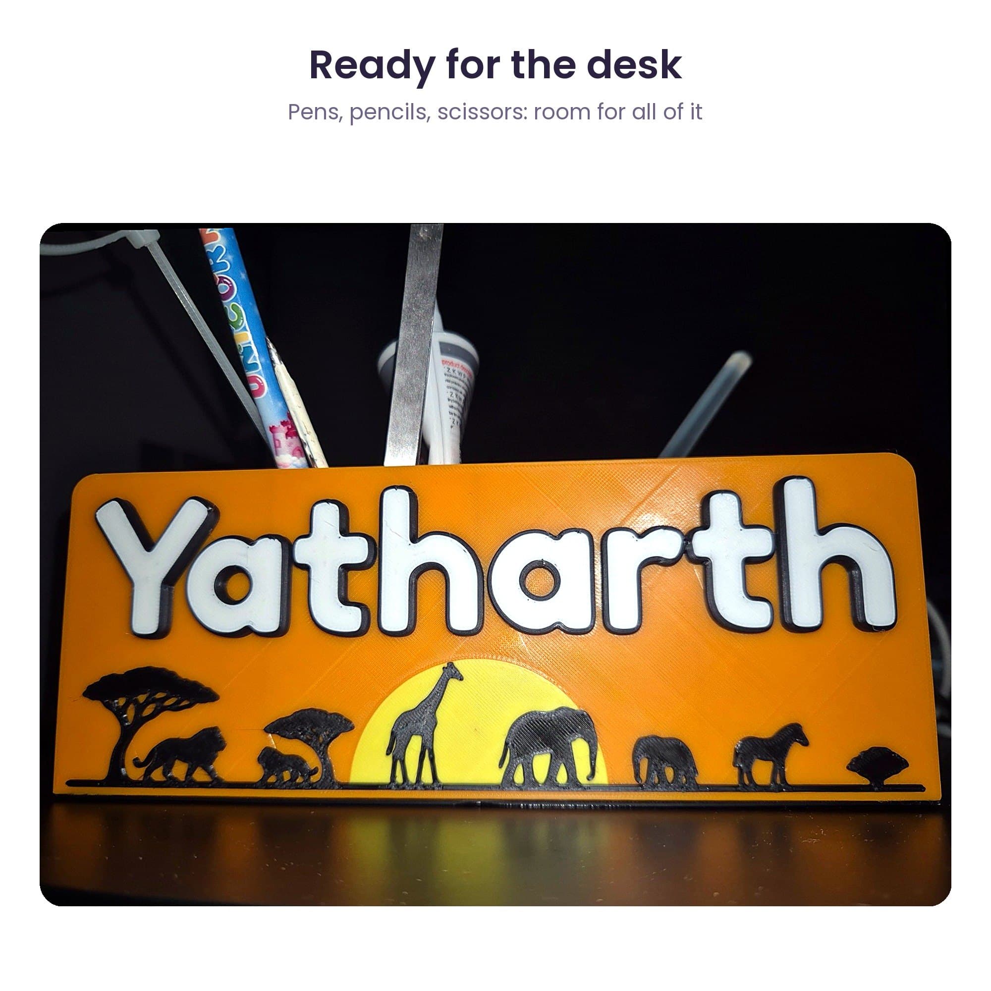 Personalised Scene Name Pen Stand - 3D Printed Kids Desk Organiser with Safari, Space, Princess or Cricket Scene — product photo 4
