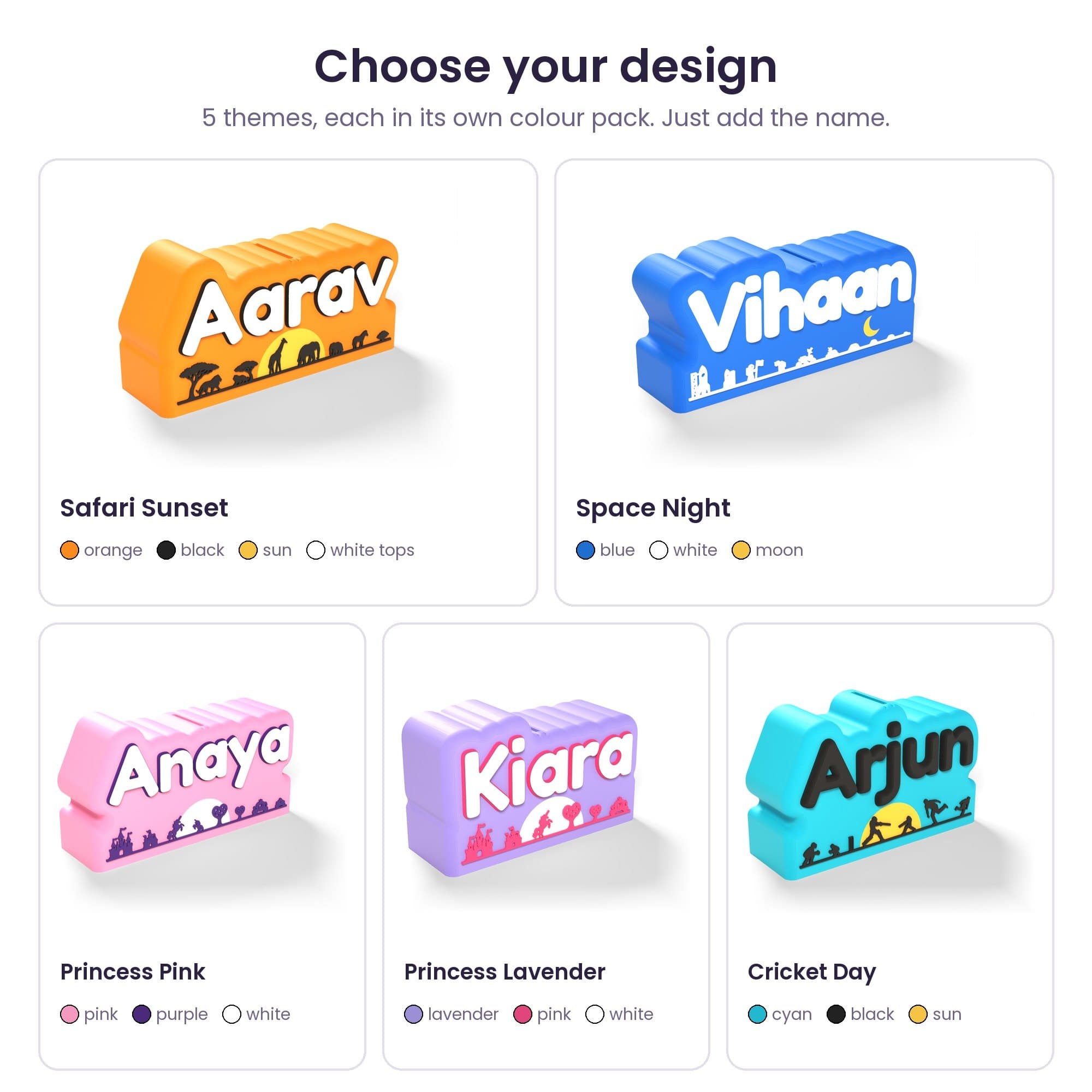 Personalised Scene Name Coin Box - 3D Printed Kids Piggy Bank with Safari, Space, Princess or Cricket Scene — product photo 2