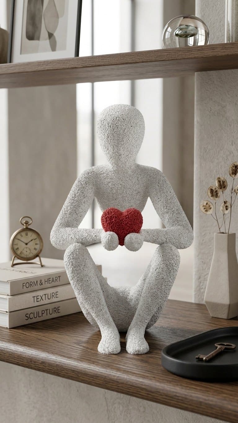 Love's Embrace Sculpture – Abstract Figure Holding a Heart — size and scale reference