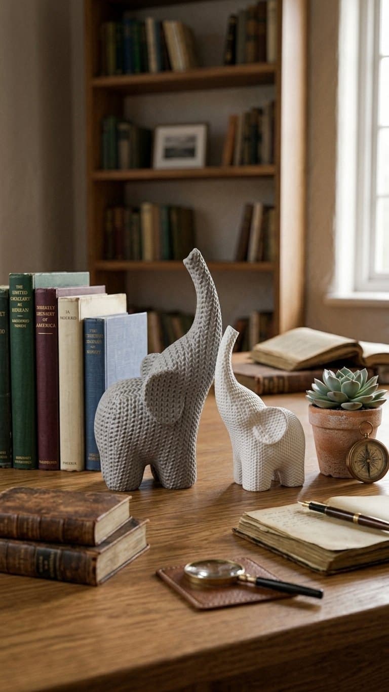 Knitted Elephant Showpiece – Mother & Baby Set of 2 — lit vs unlit view