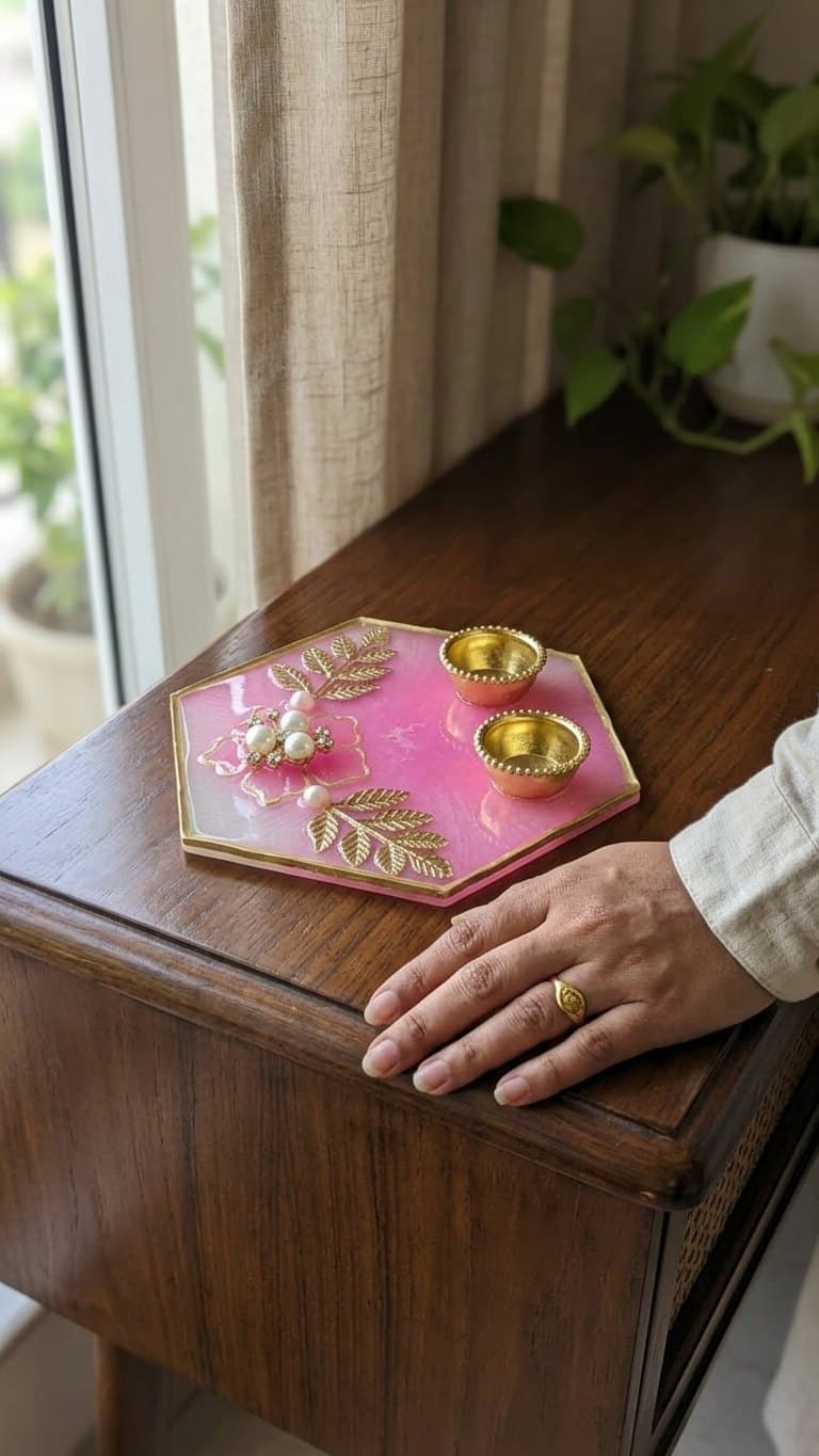 Pink Hexagon Resin Pooja Thali with Veere Rakhi - Handmade Raksha Bandhan Gift Set — detail view 5
