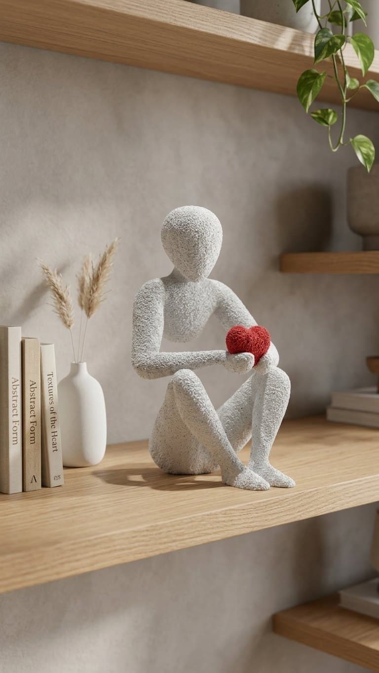 Love's Embrace Sculpture – Abstract Figure Holding a Heart — lit vs unlit view