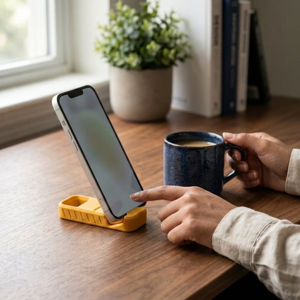 Keychain Phone Stand - Foldable Pocket Size Mobile Holder for Smartphone, Desk and Travel - Yellow, Fits iPhone Samsung Redmi with Case — size and scale reference