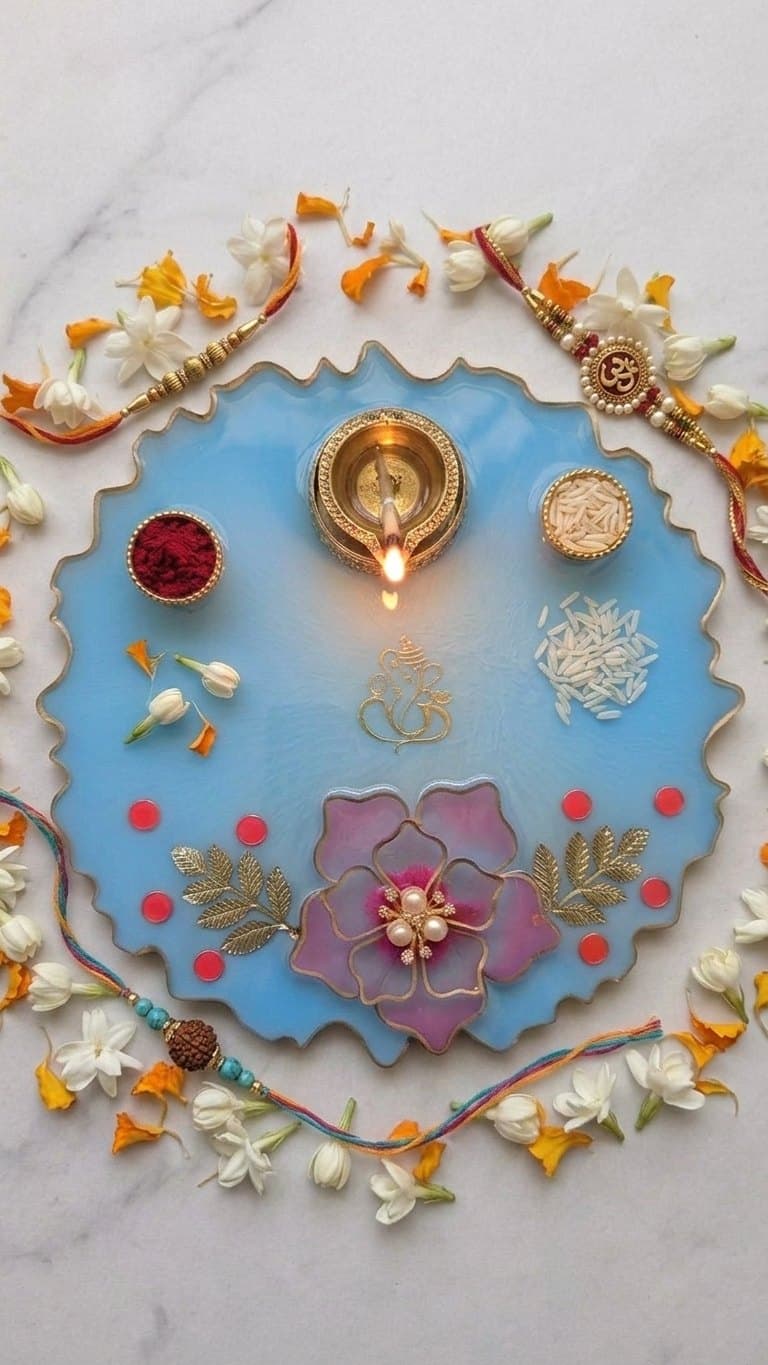Blue Floral Resin Pooja Thali - 8 Inch Handmade Set with 2 Diyas & Chowki — main product photo