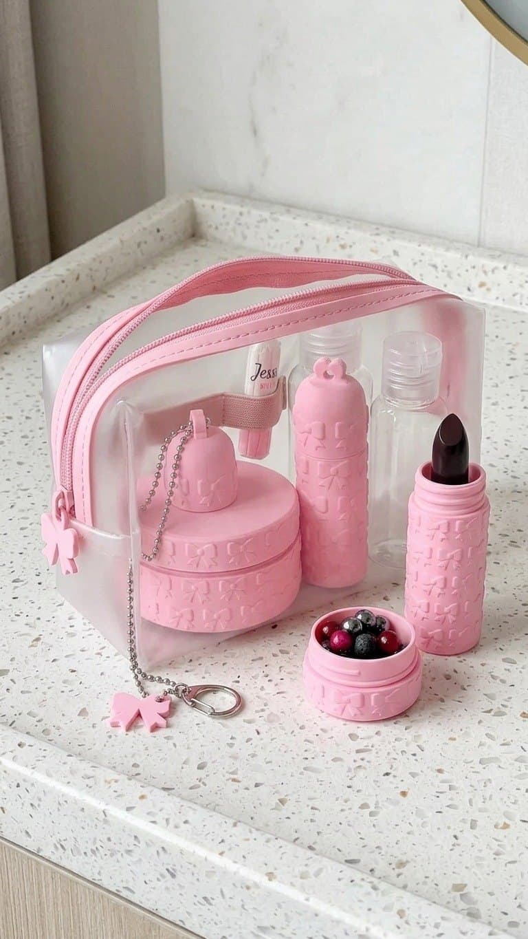 Lipstick Keychain Travel Kit - 5 Piece Refillable Toiletry Container Set with Cotton Pad Box, Cream Jar, Lip Balm Holder - Pink Bow Coquette Handbag Organiser — detail view 4