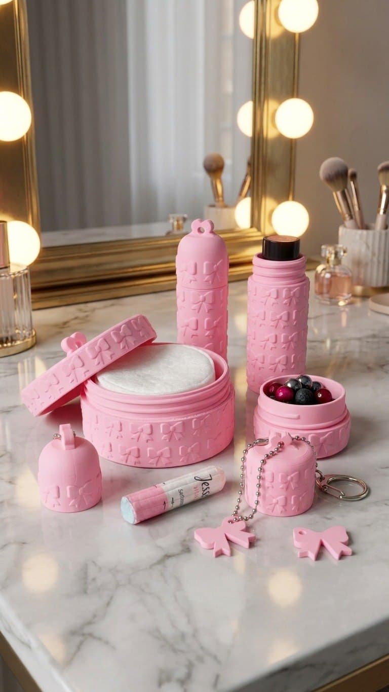 Lipstick Keychain Travel Kit - 5 Piece Refillable Toiletry Container Set with Cotton Pad Box, Cream Jar, Lip Balm Holder - Pink Bow Coquette Handbag Organiser — detail view 5