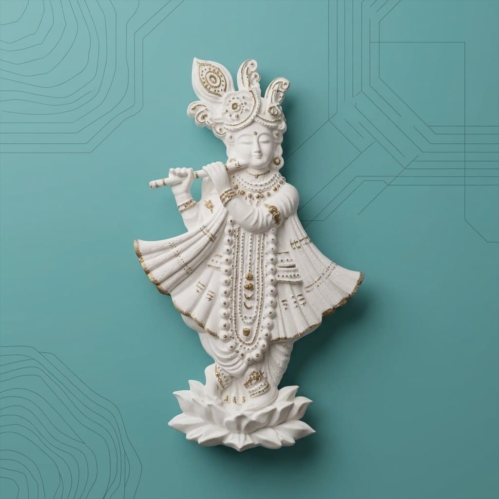 Shreenath Ji Krishna Wall Showpiece - White & Gold Flute Krishna on Lotus — detail view 5