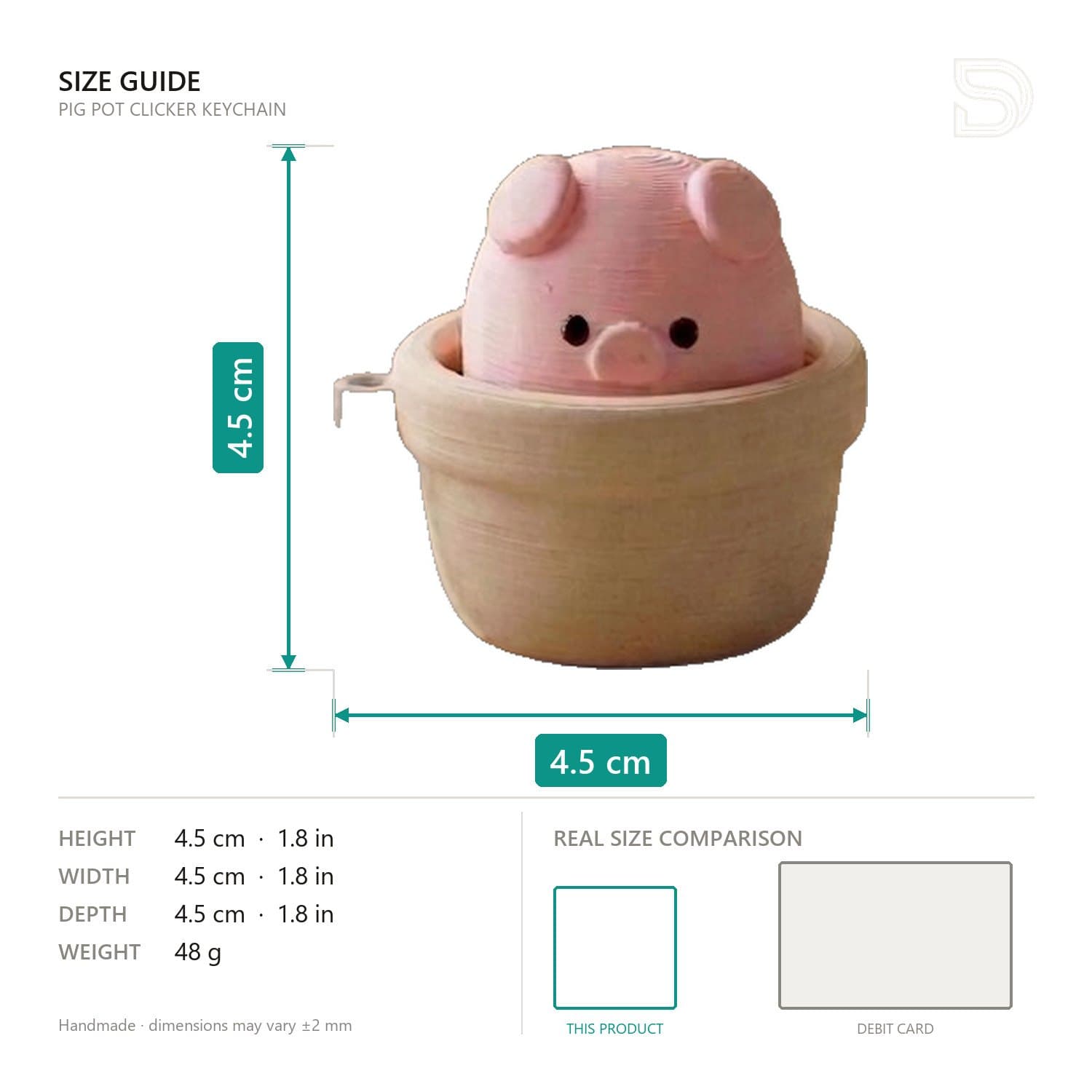 Pig Pot Clicker Keychain — size and scale reference