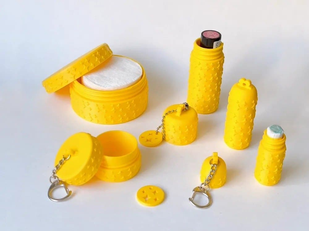 Lipstick Keychain Travel Kit - 5 Piece Refillable Toiletry Container Set with Cotton Pad Box, Cream Jar, Lip Balm Holder - Yellow Star Handbag Organiser — Handcrafted Accessories by Dastaan Hyderabad