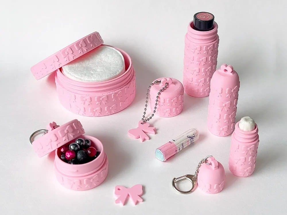 Lipstick Keychain Travel Kit - 5 Piece Refillable Toiletry Container Set with Cotton Pad Box, Cream Jar, Lip Balm Holder - Pink Bow Coquette Handbag Organiser — main product photo