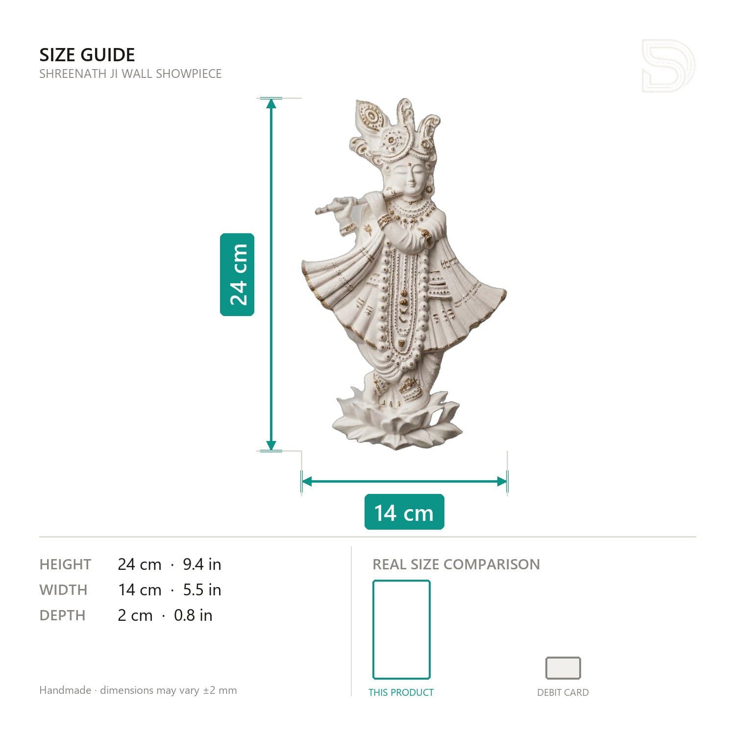 Shreenath Ji Krishna Wall Showpiece - White & Gold Flute Krishna on Lotus — size and scale reference