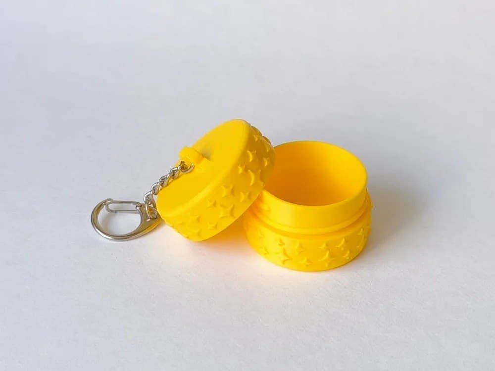 Lipstick Keychain Travel Kit - 5 Piece Refillable Toiletry Container Set with Cotton Pad Box, Cream Jar, Lip Balm Holder - Yellow Star Handbag Organiser — size and scale reference
