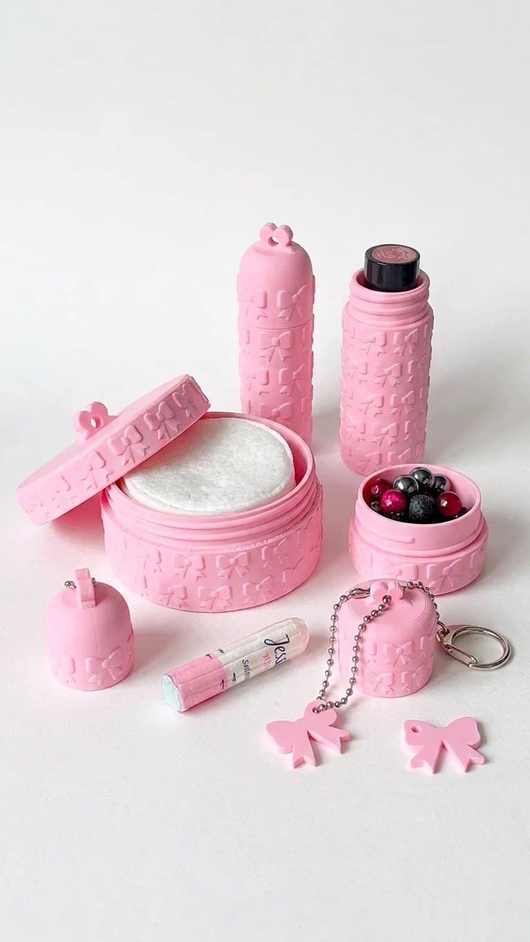 Lipstick Keychain Travel Kit - 5 Piece Refillable Toiletry Container Set with Cotton Pad Box, Cream Jar, Lip Balm Holder - Pink Bow Coquette Handbag Organiser — lit vs unlit view