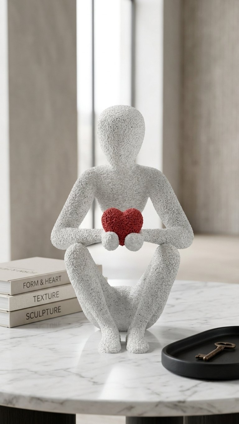 Love's Embrace Sculpture – Abstract Figure Holding a Heart