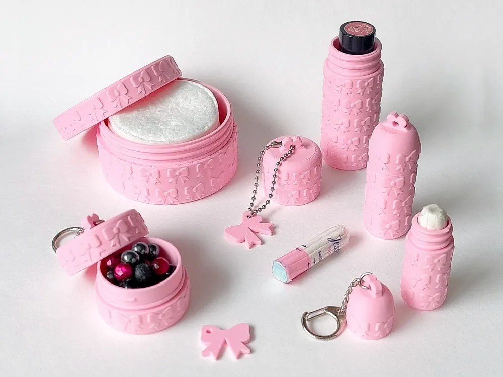 Lipstick Keychain Travel Kit - 5 Piece Refillable Toiletry Container Set with Cotton Pad Box, Cream Jar, Lip Balm Holder - Pink Bow Coquette Handbag Organiser